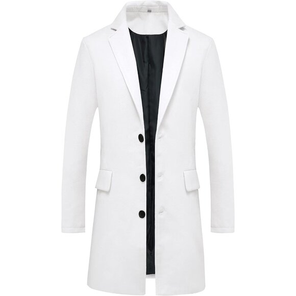 Men's White Classic Wool Single Breasted Mid Long Trench Overcoat Jackets - Picture 1 of 7